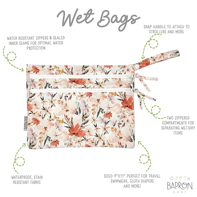 BapronBaby Peachy Dreams Wet Dry Bag - Waterproof Two Zipper Pockets - Reusable for Mealtime, Diapers, Stroller, Snacks, Swimsuits - Machine Washable - 11" x 9"