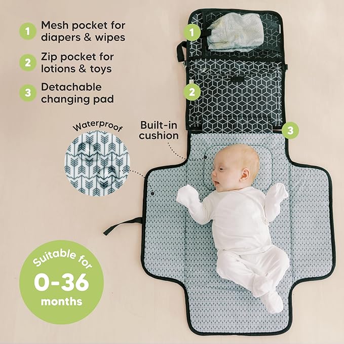 KeaBabies Portable Diaper Changing Pad, Travel, Car - Large Waterproof Baby Changing Mat, Wipeable, Padded, On The Go Travel Diaper Clutch Bag, Easy to Use Pockets for Newborn Essentials (Black Geo)