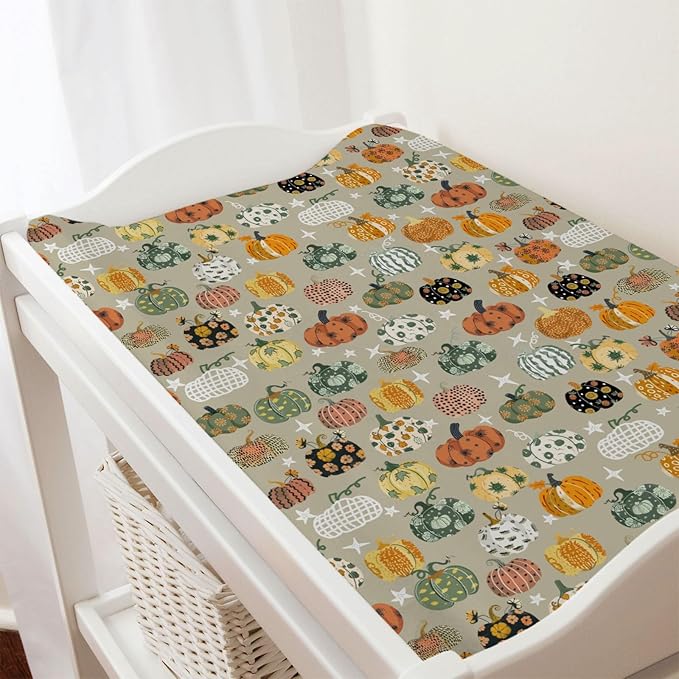 Vintage Fall Pumpkins Floral Baby Changing Pad Covers Autumn Harvest Diaper Changing Table Sheets for Boy Girl Thanksgiving Soft Breathable Stretch Baby Change Pad Table Mats 32''x16''