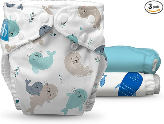 Charlie Banana Cloth Diapers, Reusable, Washable, Adjustable One Size Diaper, for Babies and Toddlers, with Absorbent Inserts - Sealy Seas, 3 Pack