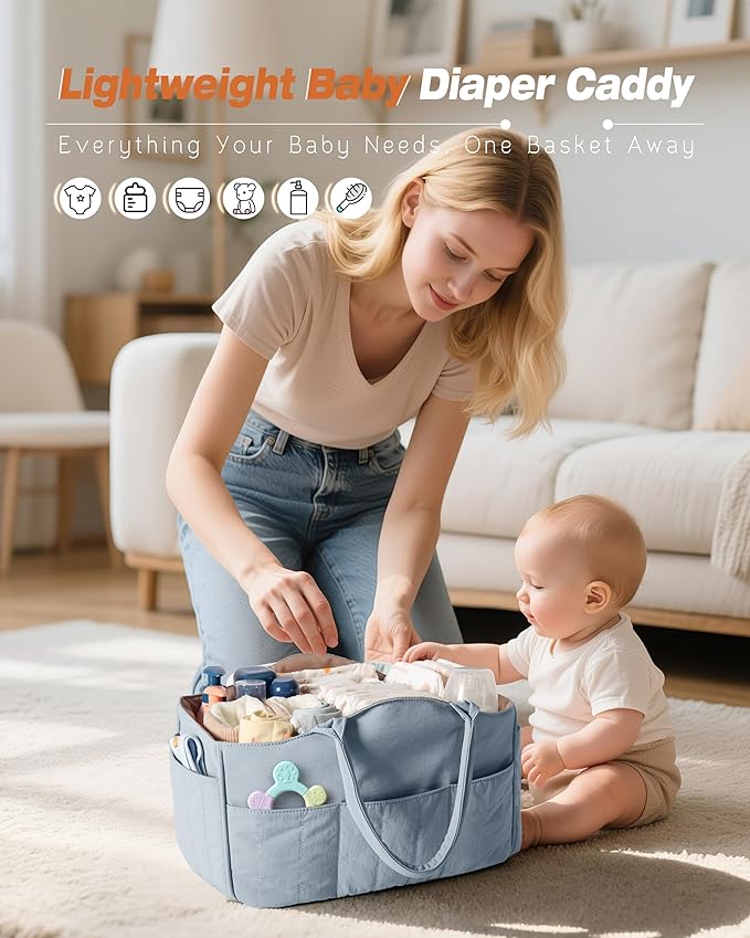 Marscamd Quilted Baby Diaper Caddy with Detachable Dividers and Wipes Pocket, Lightweight Baby Caddy Organizer with Handles and 8 Pockets for Baby Stuff, Dusty Blue