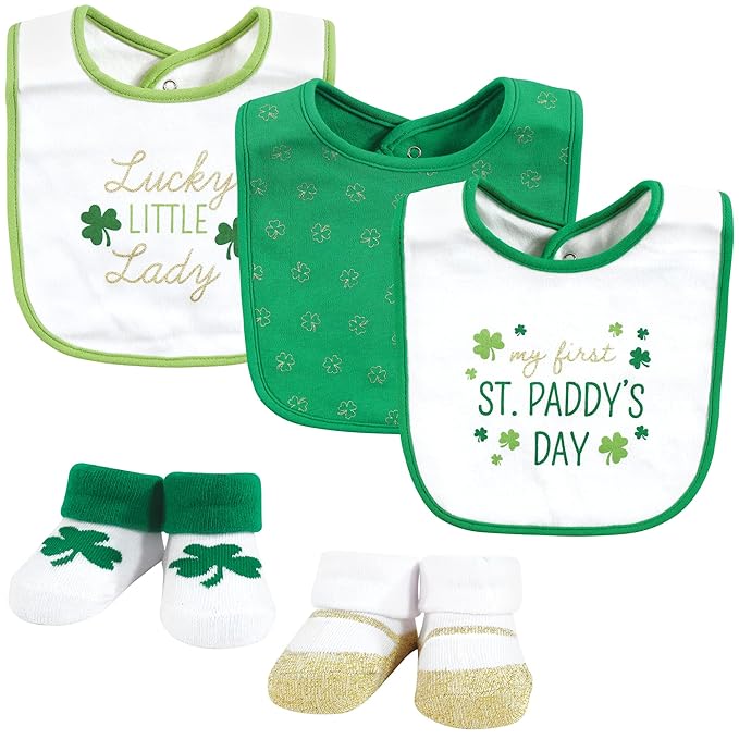 Hudson Baby Unisex Baby Cotton Bib and Sock Set, Lucky Lady, One Size