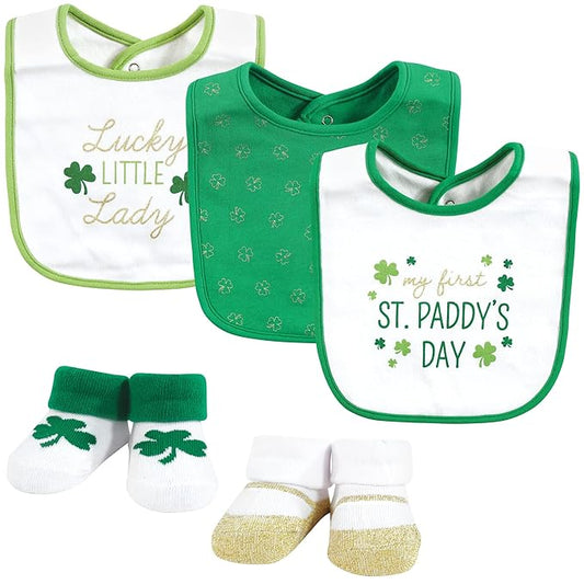 Hudson Baby Unisex Baby Cotton Bib and Sock Set, Lucky Lady, One Size