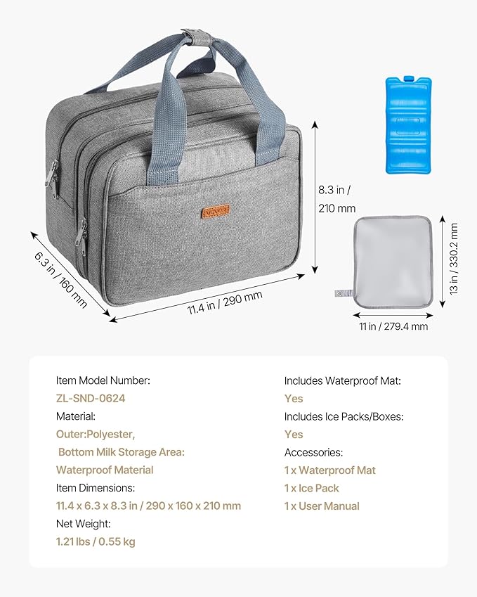 VEVOR Wearable Breast Pump Bag, Breast Feeding Bag with Ice Pack, Compatible with Momcozy, Medela and Elvie Pumps, Portable Pump Carrying Case for Breastmilk Storage, Work, Travel & Family Use, Grey