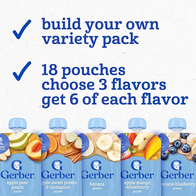 Gerber Stage 2 Baby Food, Fruit or Fruit and Veggie Puree Pouches, Build Your Own Variety Pack, Baby Food Pouches, 18-Pack