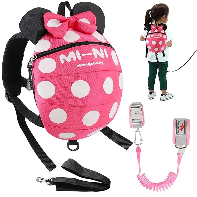 CZSYZCZS 4 in 1 Toddler Harness Leash + Baby Anti Lost Wrist Link, Cute Child Safety Harness Tether, Child Walking Harness Wristband Assistant Strap Belt for Baby Girls(Rose Red)