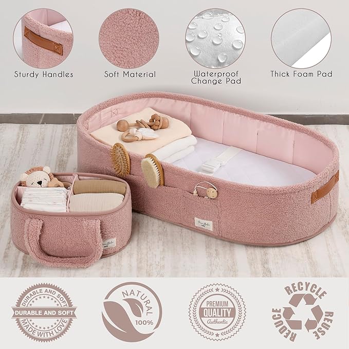 PeraBella Baby Changing Basket for Dresser Top, Baby Moses Basket for Newborn, Portable Diaper Changing Pad Table Topper for Dresser, Includes Diaper Caddy Organizer with Handle, Moses Bassinet Mat | Plush Exterior, Breathable Pad, Waterproof Layer, St...