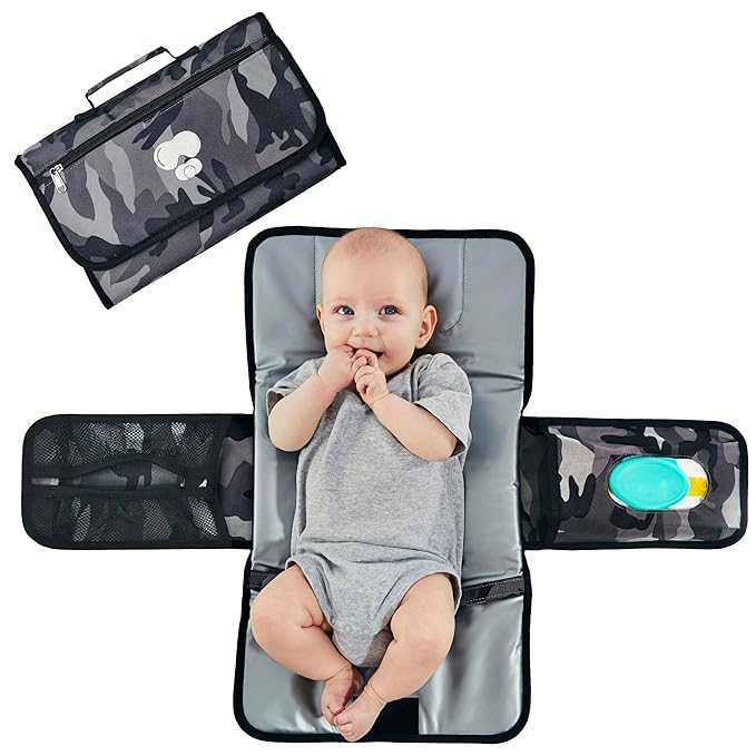 Black Grey Baby Camo Portable Diaper Changing Pad Waterproof Foldable Travel Mat with Pockets Soft Oxford Fabric Lightweight Compact Changing for Parents Multiple Pockets for Storage