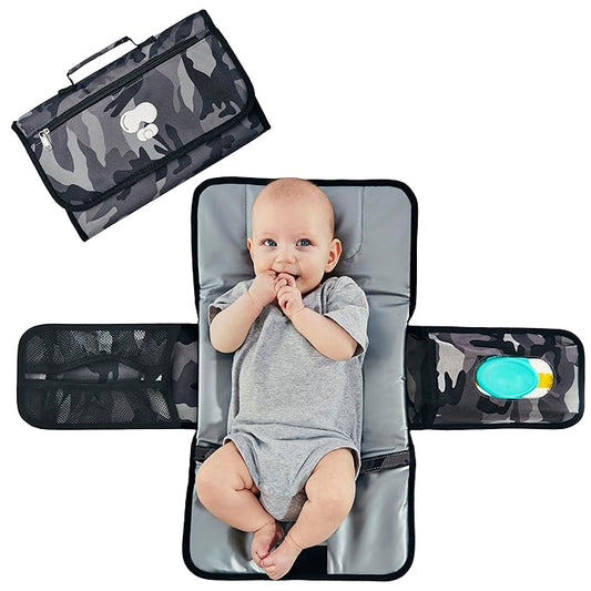 Black Grey Baby Camo Portable Diaper Changing Pad Waterproof Foldable Travel Mat with Pockets Soft Oxford Fabric Lightweight Compact Changing for Parents Multiple Pockets for Storage