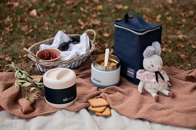 Beaba Stainless Steel Insulated Food Jar 16 oz, Kids Thermos, Lunch Containers, Leakproof, Wide Opening, Suitable for Hot and Cold Foods (Cloud)