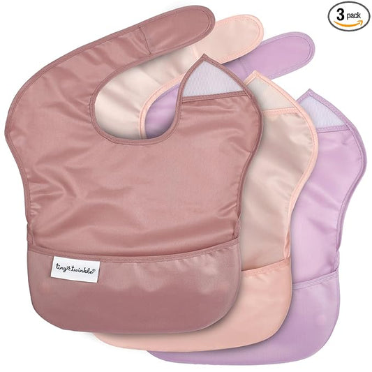 Tiny Twinkle Mess-Proof Baby Bibs for Eating | Waterproof, Wipeable Toddler Bibs with Catch-All Pocket | Feeding Bibs for Girls & Boys(3 Pack,Taupe, Rose)