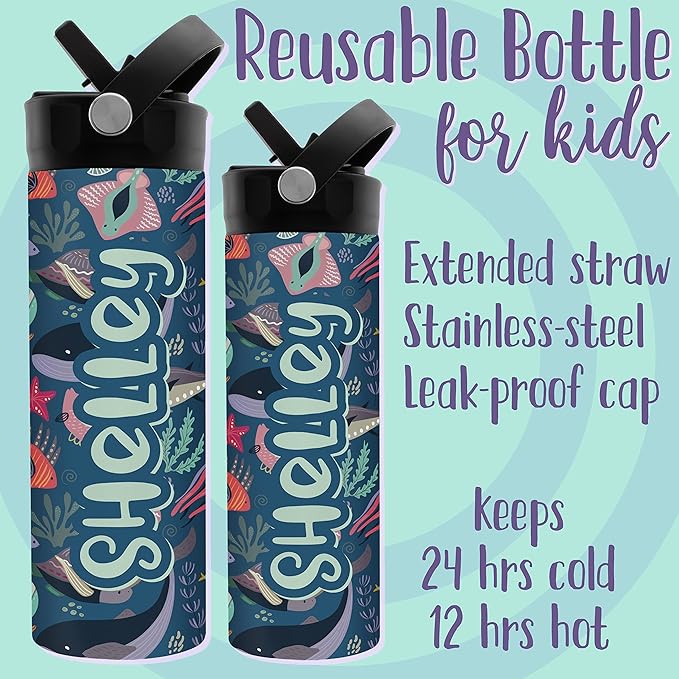 Personalized Water Bottle for Kids - 14 oz - 14 Design Options, Custom Water Bottle for Children - End of School Year Gifts, Back to School Gifts - BPA FREE, Double-Wall Insulation - Construct