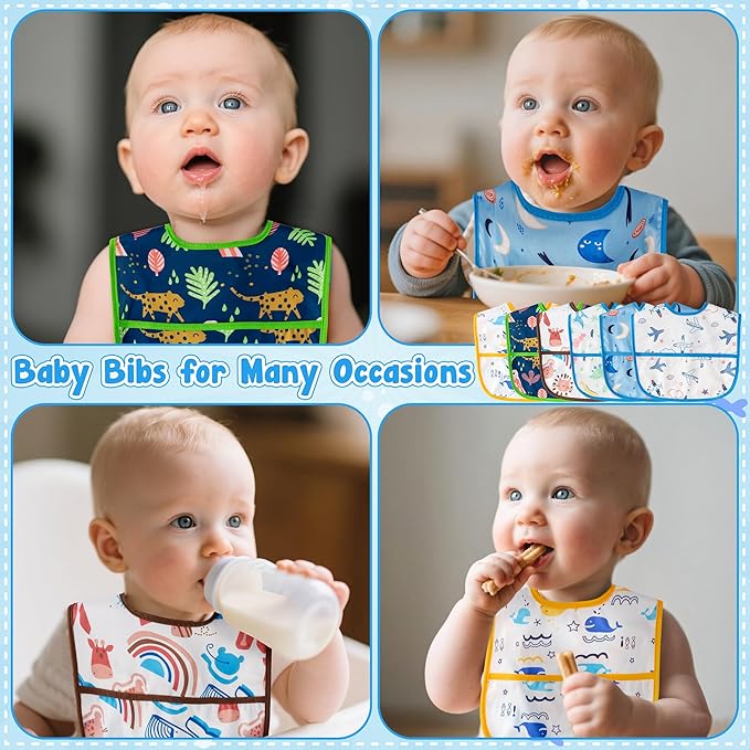 6Pcs Baby Bibs for Eating Toddler Adjustable Feeding Bibs with Crumb Catcher Pocket Waterproof Sleeveless Teething Plastic Food Bib Set Infant Keepsake Gift for Baby Shower, 6-24 Months