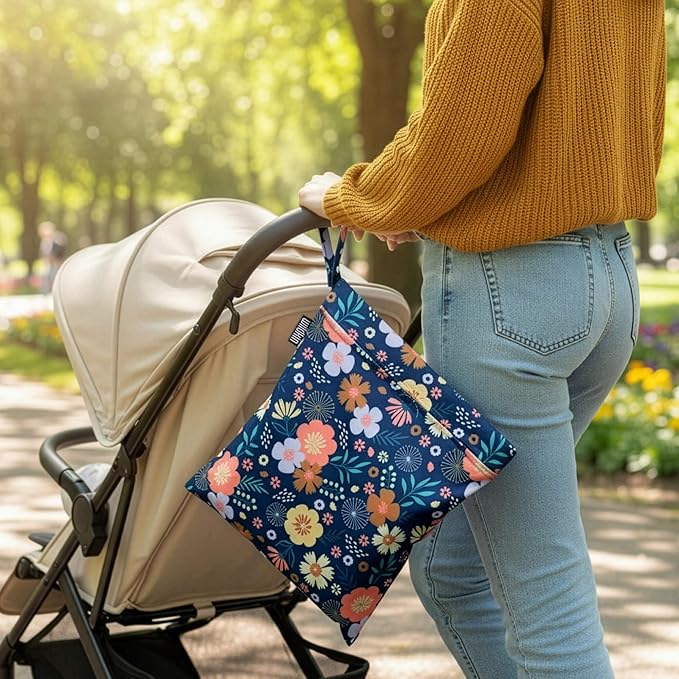 Wildkin Wet Bag Set for Boys, & Girls – Durable Zipper with Snap Loop Handle, Reusable Water-Resistant Bags for Beach, Pool, Travel & Gym - Wildflower Bloom