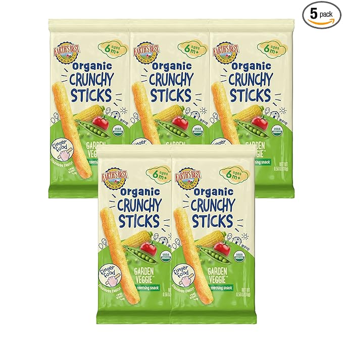 Earth's Best Organic Baby Food, Dissolvable Teething Snack for Babies 6 Months and Older, Garden Veggie Crunchy Sticks, .56 oz Pack (Pack of 5)
