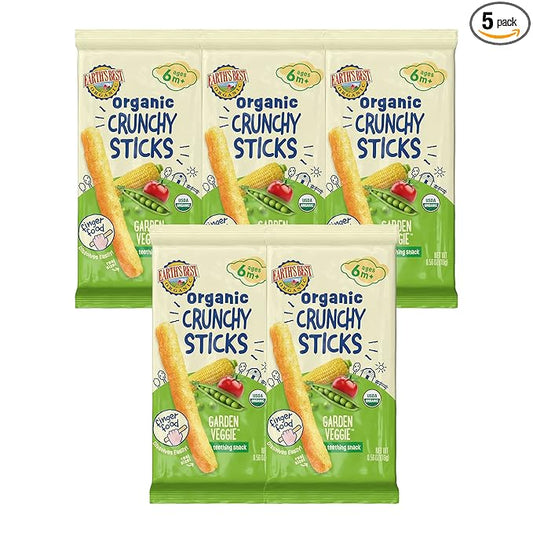 Earth's Best Organic Baby Food, Dissolvable Teething Snack for Babies 6 Months and Older, Garden Veggie Crunchy Sticks, .56 oz Pack (Pack of 5)