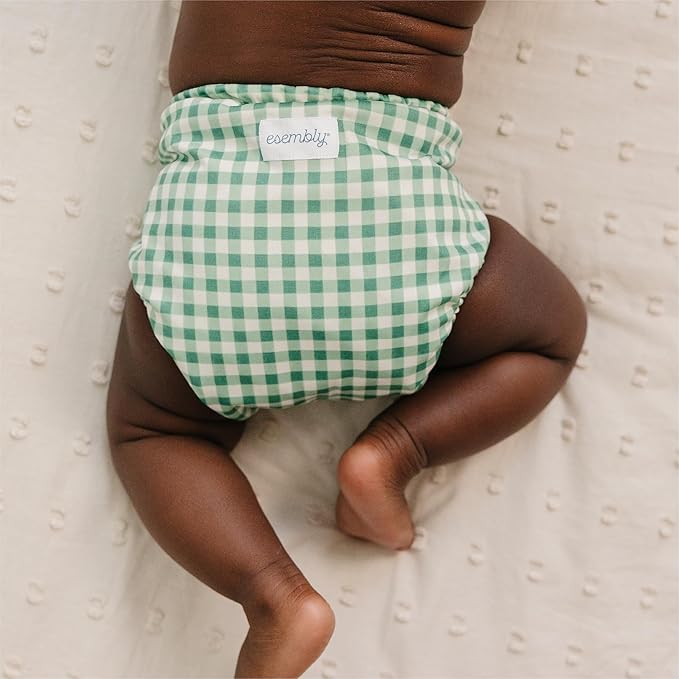 Esembly Cloth Diaper Cover - Reusable Swim Diaper, Waterproof, Breathable - Adjustable Outer Layer Over Absorbent Inner for Blowout Protection - Verdant Gingham, Size 2 (18-35lbs)