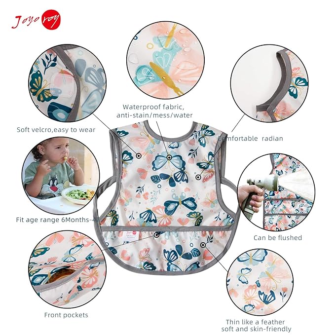 Joyo roy Mess Proof Baby Bibs for Baby Girl Waterproof Bibs for Babies 6-12 Months Soft Machine Washable Sleeveless Baby Smock Bib for Eating Travel Reusable Apron for Feeding Bib with Food Catcher