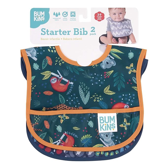 Bumkins Bibs, for Baby Girl or Boy, Infant 3-9 Months,Essential Must Have for Eating, Feeding, Baby Led Weaning, Mess Saving Waterproof Soft Fabric, Starter Bib 2-pk Jungle and Animal
