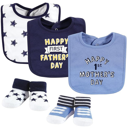 Hudson Baby Unisex Baby Cotton Bib and Sock Set, Boy Mothers Fathers Day, One Size