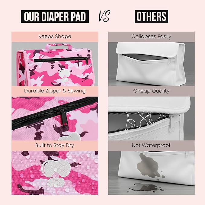 Pink Baby Camo Portable Diaper Changing Pad Waterproof Foldable Travel Mat with Pockets Soft Oxford Fabric Lightweight Compact Changing for Parents Multiple Pockets for Storage
