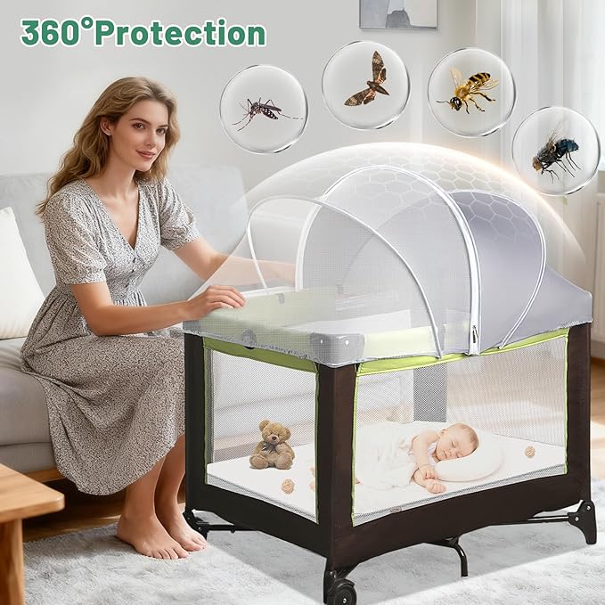 Pack N Play Tent Cover & Bassinet Canopy - Half-Blackout Breathable Mosquito Net with 2-Way Zipper for Bassinet, Travel Crib, Mini Crib & Playpen to Keep Cats Out (Gray-Large)