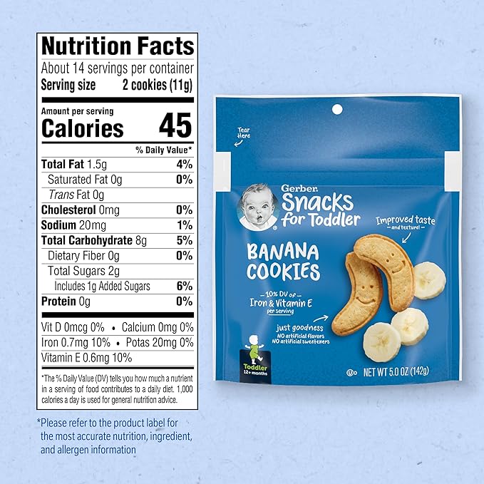 Gerber Toddler Snacks, Banana Cookies, Toddler Cookies, 10% DV Iron & Vitamin E, Finger Foods, Snacks for Toddlers