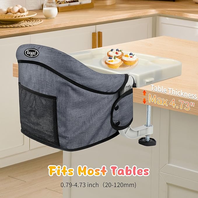 Hook On High Chair with Removable Tray for Babies 6-36 Months | Secure & Portable Foldable Travel High Chair | Clip On Baby Feeding Seat with Non-Slip Aluminum Clamp, Washable Cover & Carry Bag (Grey)