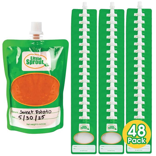 Disposable 6oz Baby Food Storage Pouch Containers, 48 Pack- Write What You Want Squeezable Pouches- Make Homemade Organic Food for Babies/Toddlers- Works with Most Filling Stations Including Infantino