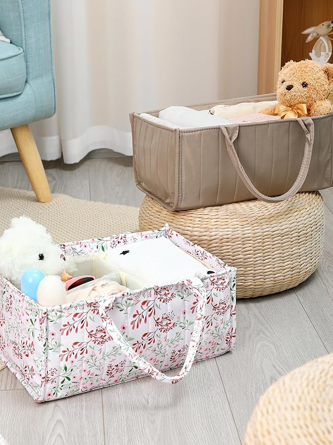 Shinylin 2 Pcs Diaper Caddy Organizer New Mom Gifts Stylish Brown Diaper Caddy Basket Floral Pastoral Daisy Nursery Storage Organizer Baby Shower New Parents Gifts for Baby Newborn Essentials