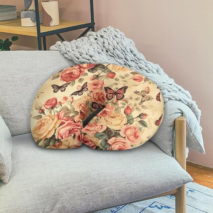 Retro Butterfly Roses Nursing Pillow Support Cover with Hidden Zipper Portable Comfortable Breastfeeding and Bottle Feeding Nursing Pillowcase for Nursery Room Car Decor