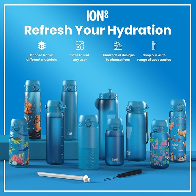 Ion8 Water Bottle, 500 ml/18 oz, Leak Proof, Easy to Open, Secure Lock, Dishwasher Safe, BPA Free, Hygienic Flip Cover, Carry Handle, Fits Cup Holders, Easy Clean, Odor Free, Carbon Neutral, Blue
