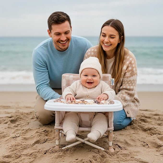 Tiny Marvels 3-in-1 Portable Baby Chair, Foldable Booster Seat with Removable Tray, Safety Harness & Carry Bag for Dining, Travel, Camping, Beach, 6M-3Y (Sand Checker)