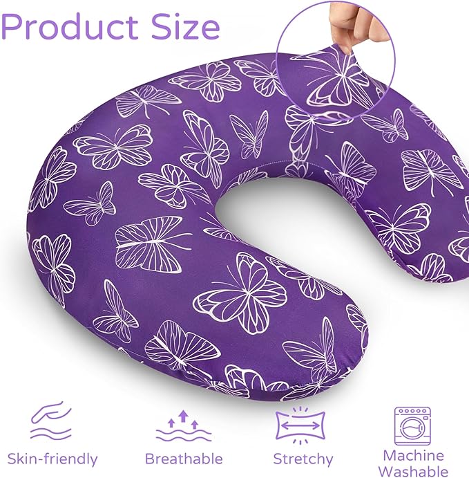 Nursing Pillow Cover, Breastfeeding Pillow Cover for Baby Girls Boys, Soft Stretchy Nursing Pillowcase for Infant Newborn, Removable Slipcover for Nursing Pillows, Purple Butterfly(Only Cover)