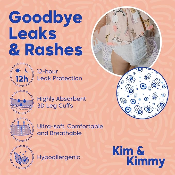 Kim & Kimmy Eco Diaper Pants, Size 4, 20-31 lbs, 44 Pants - 12 Hour Leak Protection, No Rashes, Hypoallergenic, Ultra-Soft & Highly Absorbent - Cruelty Free & Vegan - Good Vibes
