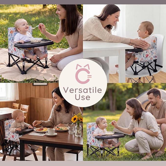 Toddler Booster Seat for Dining Table & Kitchen Chair - Portable Foldable with Removable Tray, Baby Camping Chair 6-36 Months Indoor Outdoor (Green Stripe)