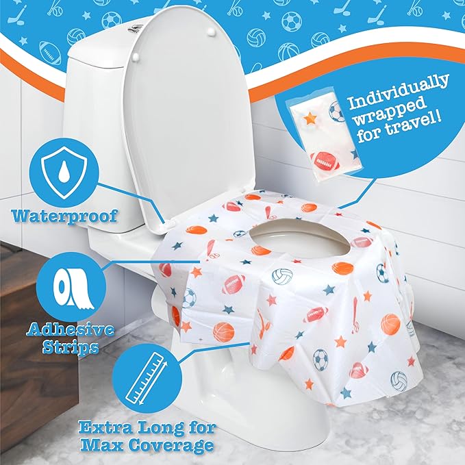 Potty Shields Toilet Seat Covers Disposable (12 Pack, Sports) - XL Waterproof Toilet Cover for Toddlers, Kids & Adults - Portable & Individually Wrapped for Travel, Potty Training & Public Restrooms