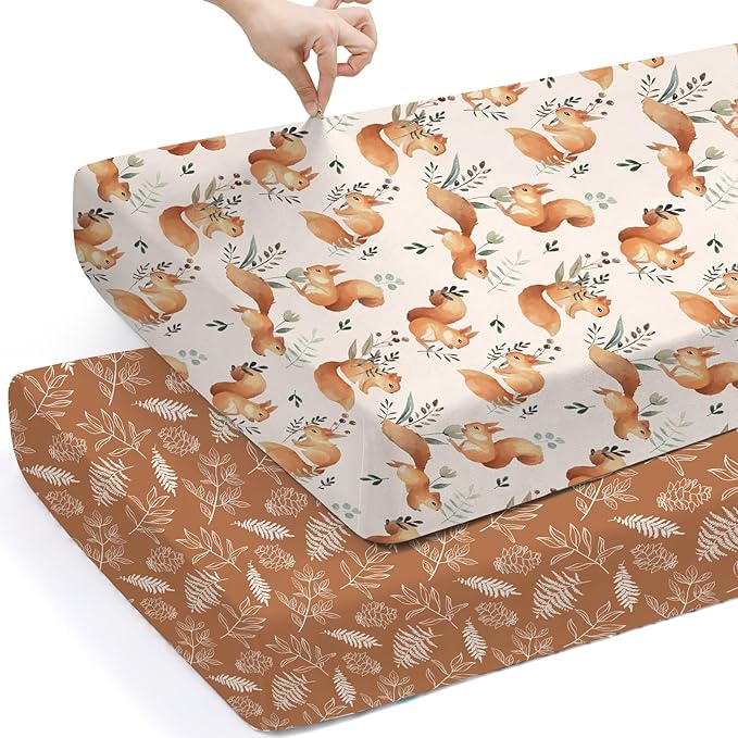 BROLEX Baby Fitted Crib Sheets: Kid Crib Sheets - Set of 2 for Toddler Standard Size Crib Mattress for Boys and Girls - Jersey Knit Crib Bed Sheets Squirrel&Foliage