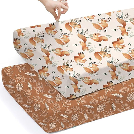 BROLEX Baby Fitted Crib Sheets: Kid Crib Sheets - Set of 2 for Toddler Standard Size Crib Mattress for Boys and Girls - Jersey Knit Crib Bed Sheets Squirrel&Foliage