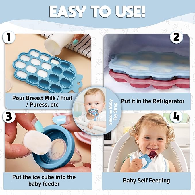 O’doe Baby Popsicle Molds Teething Set (18-Hole) - Fruit Pacifier Feeder with 1 Clip, 1-Pack Freezer Tray with Lid and 6 Extra Pacifiers, Teething Popsicle Mold BPA-Free