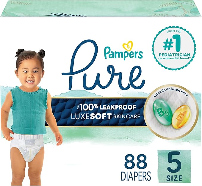 Pampers Pure Baby Diapers, Size 5 (27+ lbs), 88, Up to 100% Leakproof, Premium Hypoallergenic Soft Diapers