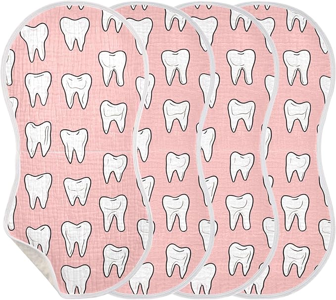 Cute Dental Teeth Burp Cloths Baby Boys Girls Absorbent Soft Cotton Burping Cloths Rags, 4 Pack