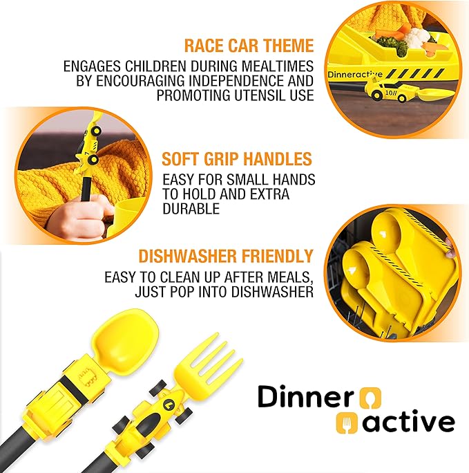 Dinneractive Utensil Set for Kids – Yellow Race Car Themed Fork and Spoon for Toddlers and Young Children – 2-Piece Set