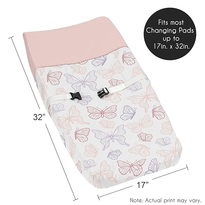 Sweet Jojo Designs Shabby Chic Butterfly Girl Baby Changing Pad Cover Infant Newborn Diaper Table Change Mat Sheet Blush Pink Rose Dark Lavender Purple White Colorful Pastel Lilac Watercolor Pattern