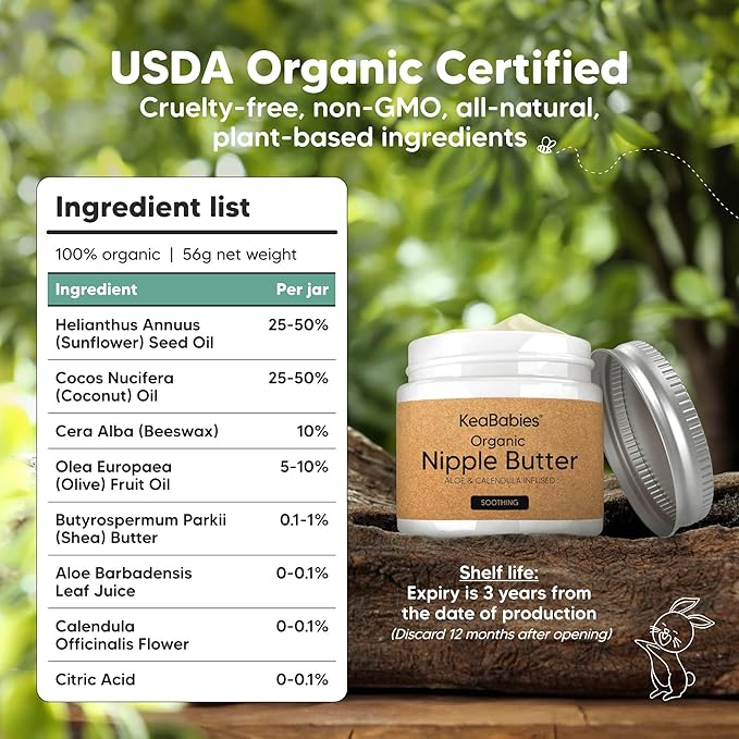 Organic Nipple Butter for Cracked, Sore, Relief - Nursing Nipple Cream Safe for Breastfeeding, 100% Natural Clean Breast Cream, Non Lanolin Balm, Mom Postpartum Breastfeeding Essentials,2oz (Soothing)