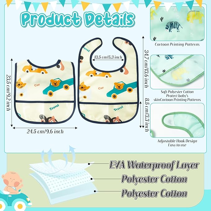 6Pcs Waterproof Toddler Bibs Baby Feeding Bib Set with Crumb Catcher Pocket, Infant Adjustable Baby Teething Bib, Babies Sleeveless Vehicles Food Bibs Keepsake Gift for Baby Shower, 6-24 Months