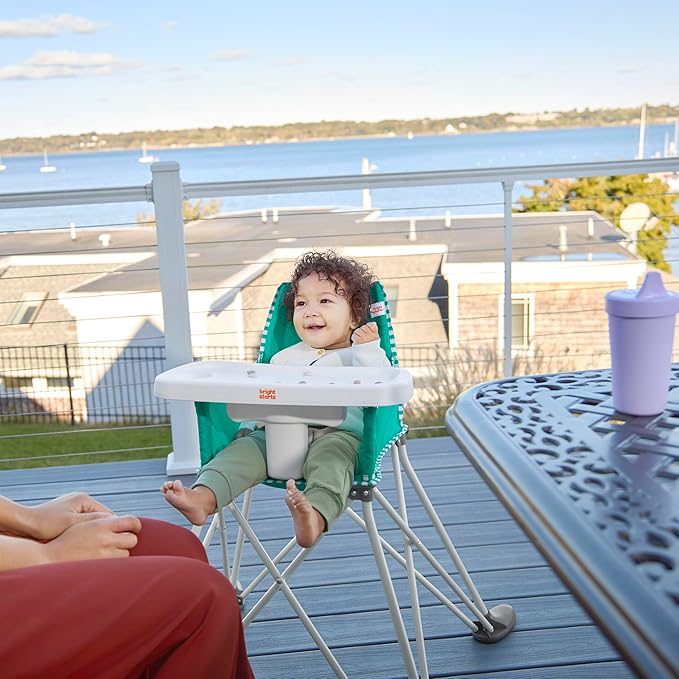 Bright Starts Pop 'N Dine Portable High Chair, Indoor/Outdoor, BPA Free Tray, Easy to Fold, Unisex, Teal, 6 Months +