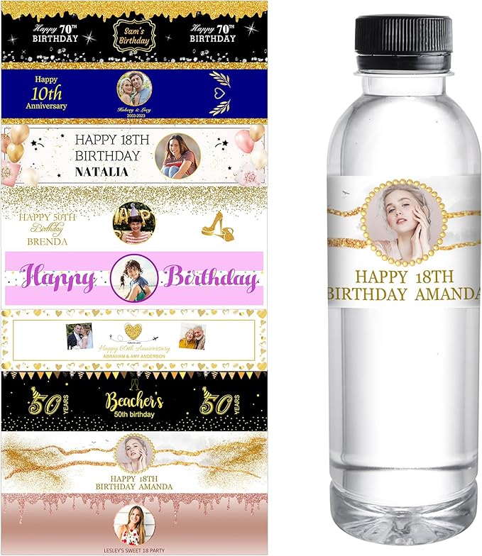 Personalized Water Bottle Labels for Birthday Anniversary Custom Happy Birthday Labels with Name for Water Bottle Stickers Waterproof Printable Photo Bottle Labels Gifts 50 Pcs