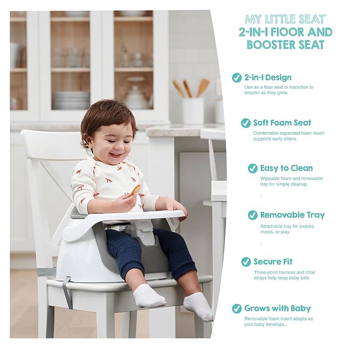 Regalo 2-in-1 Baby Floor Seat & Booster Seat with Tray, Sit-Up Support Chair for Infants & Toddlers, Portable Feeding Seat with Harness, Grow-with-Me Design, Indoor & Outdoor, White/Gray