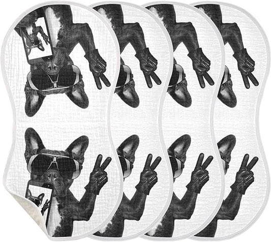 Cool French Bulldog Dog Take Selfie Muslin Burp Cloths for Baby 4 Pack Soft 100% Cotton Baby Washcloths Bibs for Boy Girl